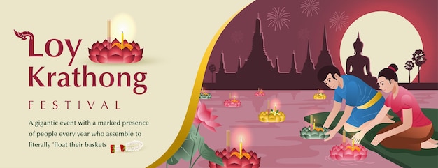 Thailand Loy Krathong festival, mensen in traditionele klederdracht drijvende manden.