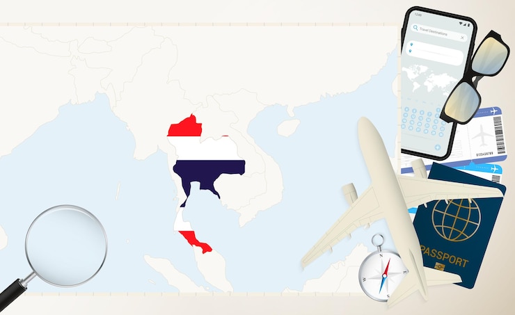 Vector thailand map and flag cargo plane on the detailed map of thailand with flag