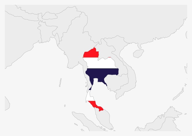 タイの地図はタイの国旗で強調表示され、近隣諸国との灰色の地図を色付けします