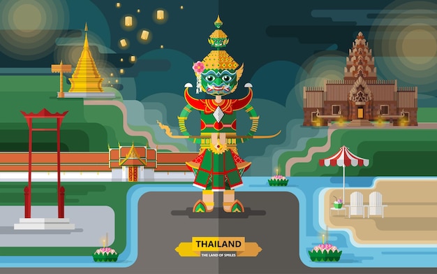 Vector thailand reisconcept de mooiste plekken om te bezoeken in thailand in vlakke stijl