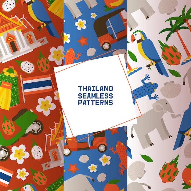 Thailand set of seamless patterns. traditions, culture of country. ancient memorials, buildings, nature and animals such as elephant, parrot, lizard.