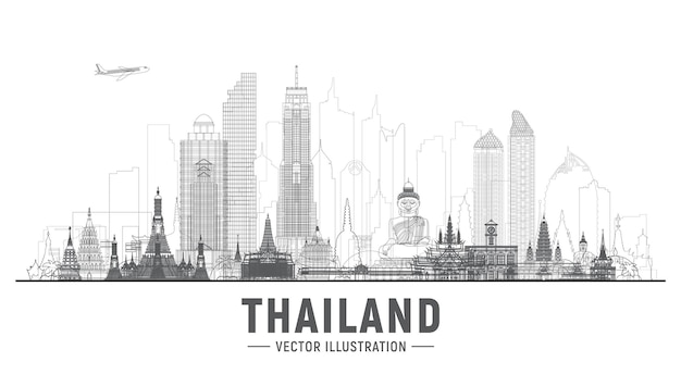 Vector thailand steden lijn skyline silhouet vectorillustratie op witte achtergrond zakelijk reizen en toerisme concept met beroemde bezienswaardigheden van thailand afbeelding voor presentatie banner website