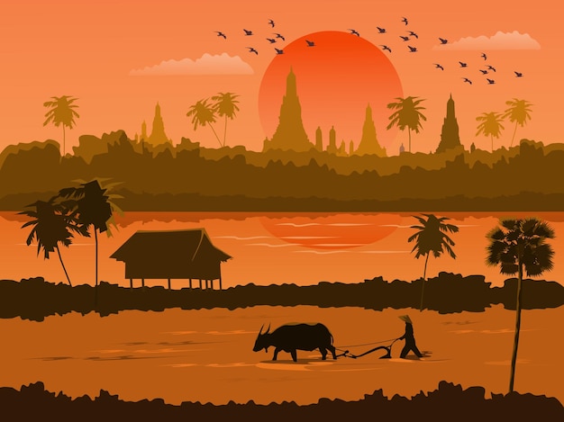 Vector thailand sunset view with farmers working in the fields. with river and  buddhist temple  background