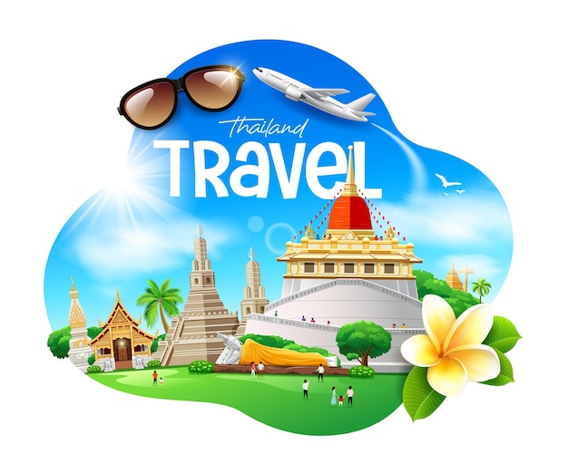 Thailand tourism architecture People come to travel banner design on cloud and sky blue background