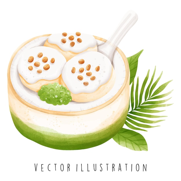 ベクトル タイ旅行コレクション タイココナッツアイスクリームの水彩画 ベクトルイラスト
