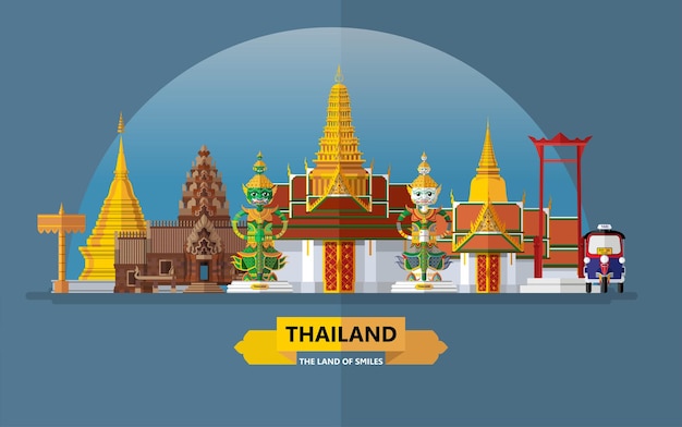 Vector thailand travel concept the most beautiful places to visit in thailand in flat style