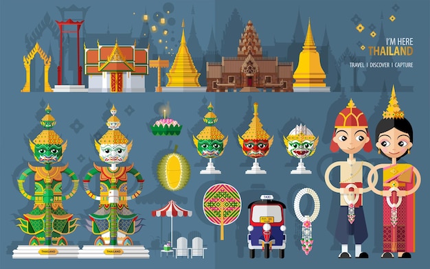 Vector thailand travel concept the most beautiful places to visit in thailand in flat style
