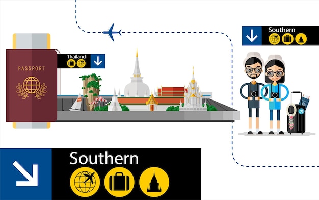 Concetto di viaggio in thailandia i luoghi più belli da visitare in thailandia in stile piatto