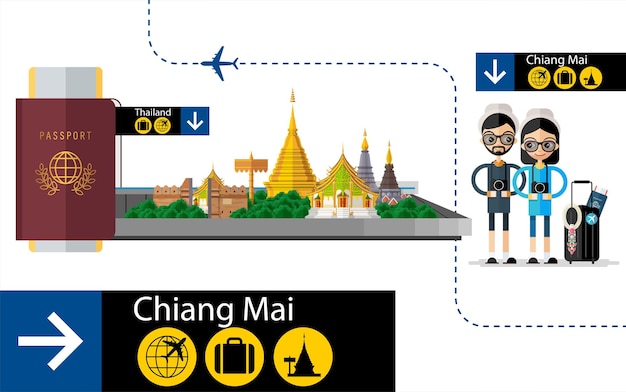 Concetto di viaggio in thailandia i luoghi più belli da visitare in thailandia in stile piatto