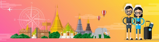 Vettore concetto di viaggio in thailandia i luoghi più belli da visitare in thailandia in stile piatto