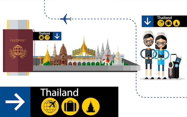 태국 여행 컨셉 플랫 스타일로 태국에서 가장 아름다운 곳을 방문하세요