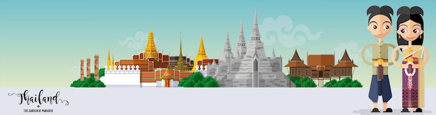 Вектор Концепция путешествия в таиланд самые красивые места для посещения в таиланде в плоском стиле