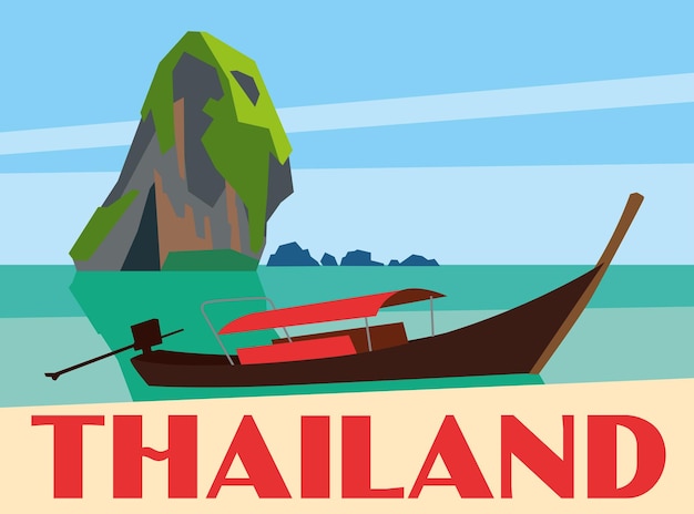 Thailand travel postcard poster national boat in the bay on the background of the rocks