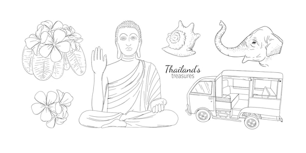 Thailand vacation symbols with elephant seashells flowers and buddah illustration for thailand