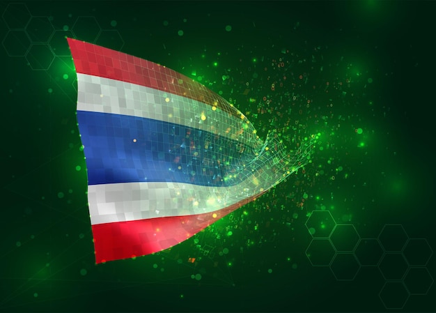 Thailand on vector 3d flag on green background with polygons and data numbers