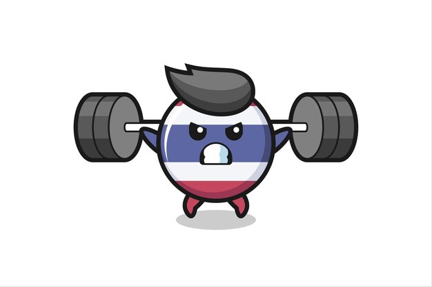 Thailand vlag badge mascotte cartoon met een barbell, schattig stijlontwerp voor t-shirt, sticker, logo-element