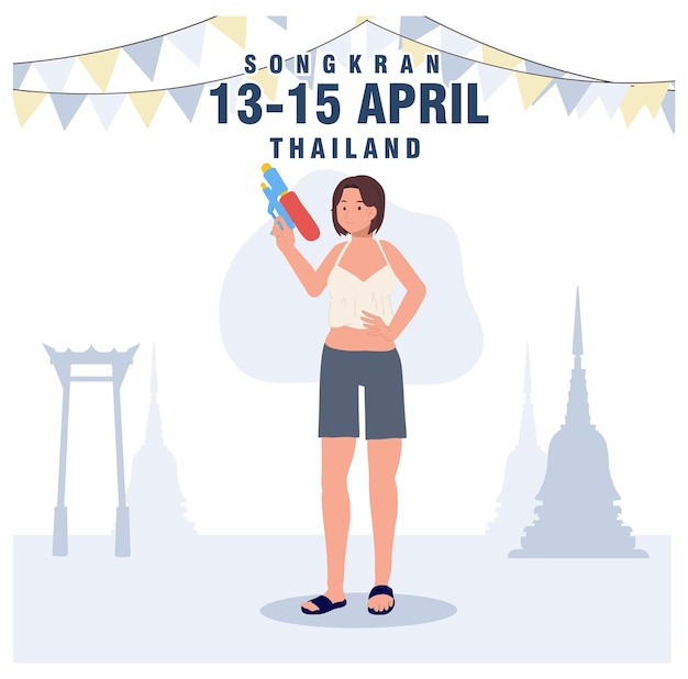 Vector thailand water festival conceptsongkran vrouw met waterpistool flat vector illustratie