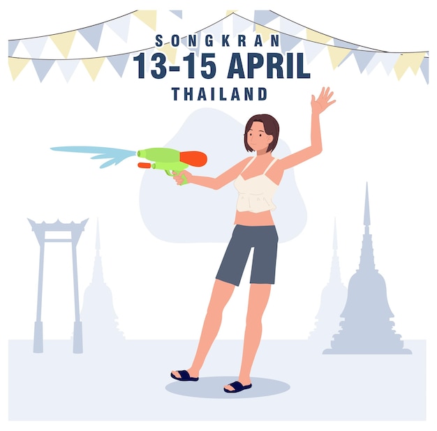 Concetto di festival dell'acqua thailandesesongkran donna con pistola ad acqua illustrazione vettoriale piatta