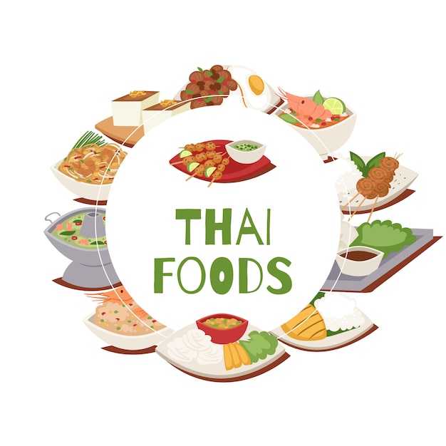 Thais eten poster met thailand keuken illustratie, tom yam goong, aziatisch eten, thaise pittige gerechten.