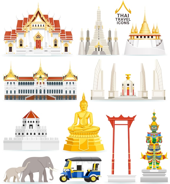 Vector thaise beroemde bezienswaardigheid pictogrammen
