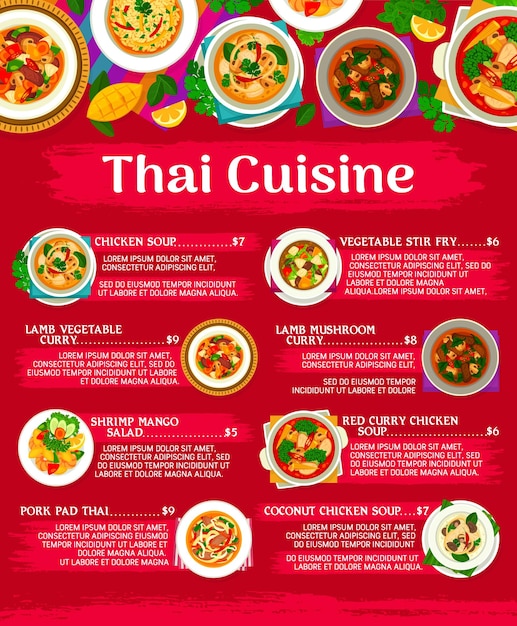 Thaise keuken menusjabloon lamsgroente en champignoncurry groenteroerbak garnalen mangosalade en gebakken rijst met groenten varkenspad thai noedels roerbak kokoskip en rode currysoep