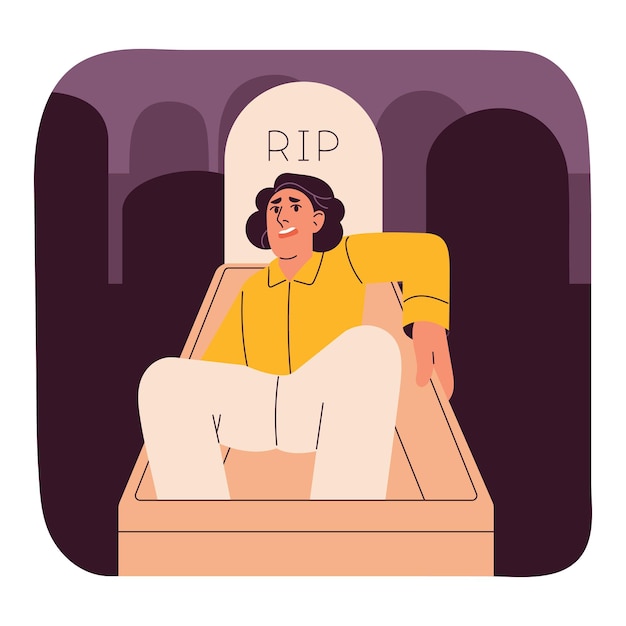 Thanatophobia phobia of death concept Person fell into grave man afraid dying be buried alive scare about end Psychology of fear mental disorder psychological problem Flat vector illustration