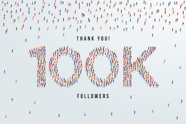 Thank you 100K or one hundred thousand followers. large group of people form to create 100K.