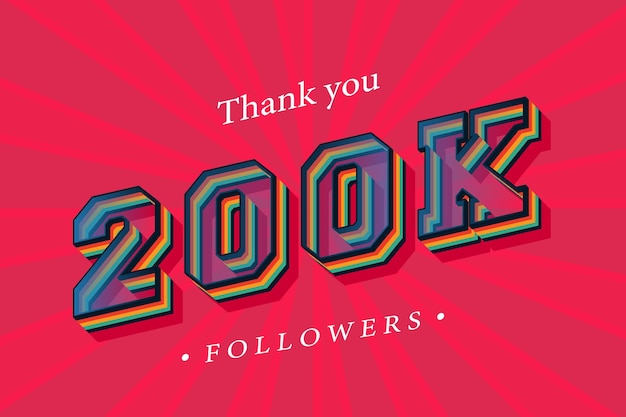 벡터 200,000명의 소셜 팔로어와 숫자로 구독자에게 감사합니다. 트렌디한 레트로 텍스트 효과 3d 렌더링