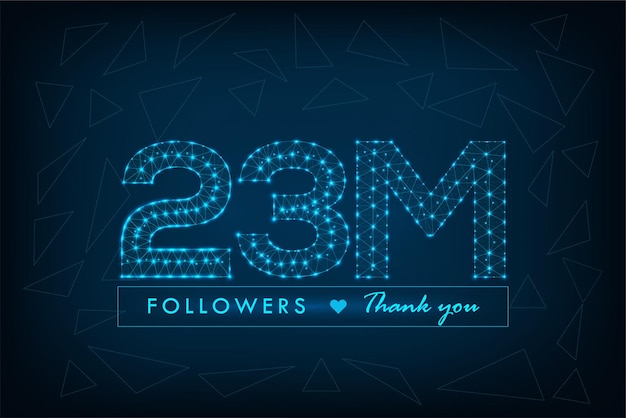 Thank you 23M followers polygonal wireframe social media post with abstract low poly blue background