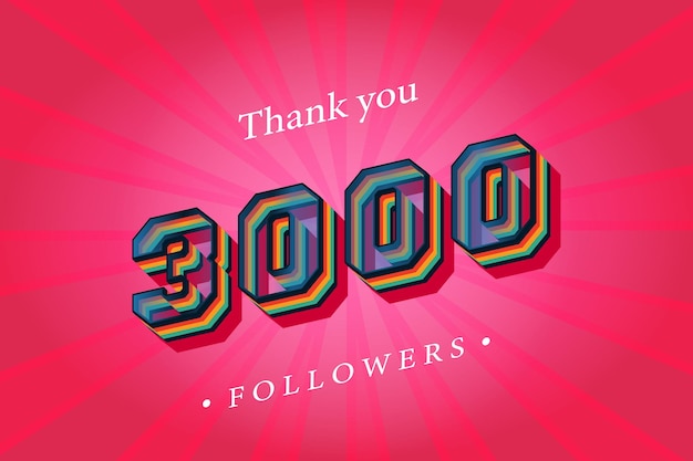 Grazie a 3000 follower e abbonati social con numeri rendering 3d effetto testo retrò alla moda