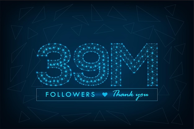 추상적인 낮은 폴리 파란색 배경이 있는 39M 팔로워 다각형 와이어프레임 소셜 미디어 게시물에 감사드립니다.