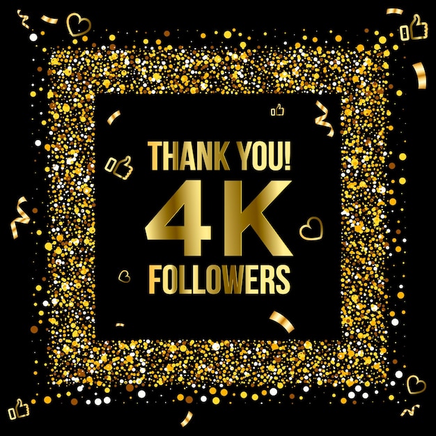 Vettore grazie 4k o quattromila follower popoli, gruppo sociale online, striscione felice festeggia, oro