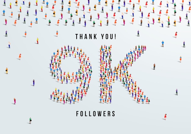 감사합니다, 9k 또는 9,000명의 추종자들 축하 디자인. 사람들의 큰 그룹입니다.