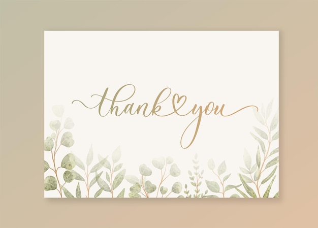 Vector thank you calligraphy card for wedding invitation card background with green watercolor botanical leaves