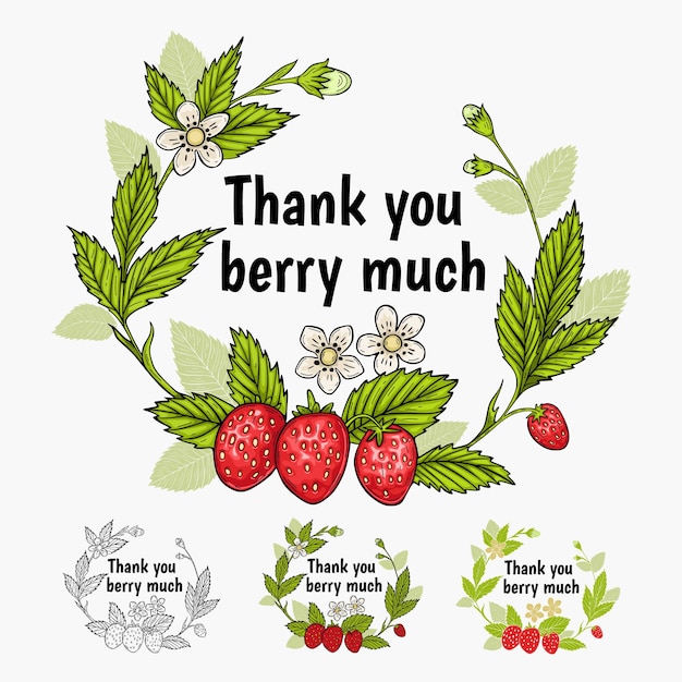 Thank you card, banner. Vector. Thank you berry much, cute pun with strawberry