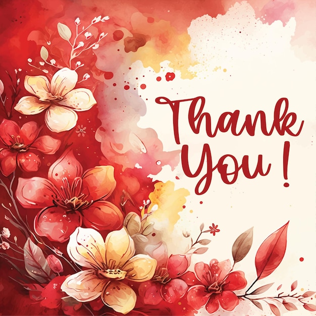 Thank you card red flowers watercolor paint