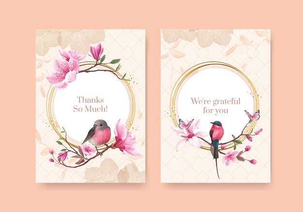 Thank you card template with blossom bird concept design watercolor illustration