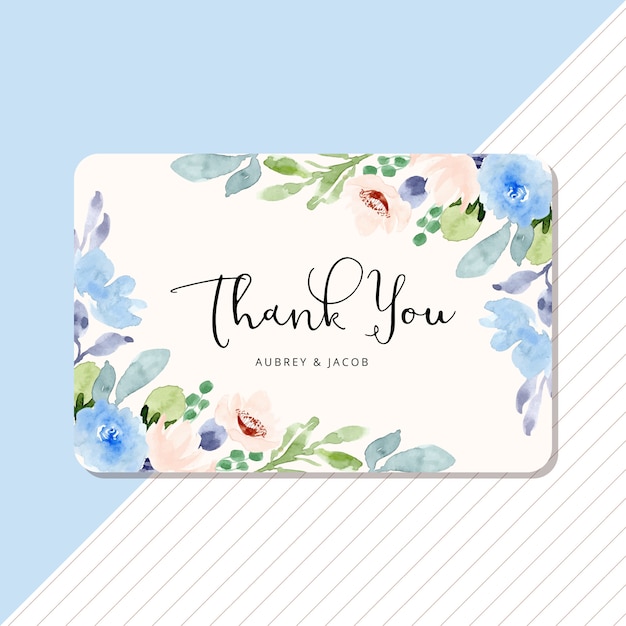 thank you card with blue peach floral watercolor frame