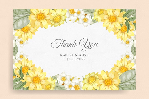 Thank you a card with floral frame flower green and yellow