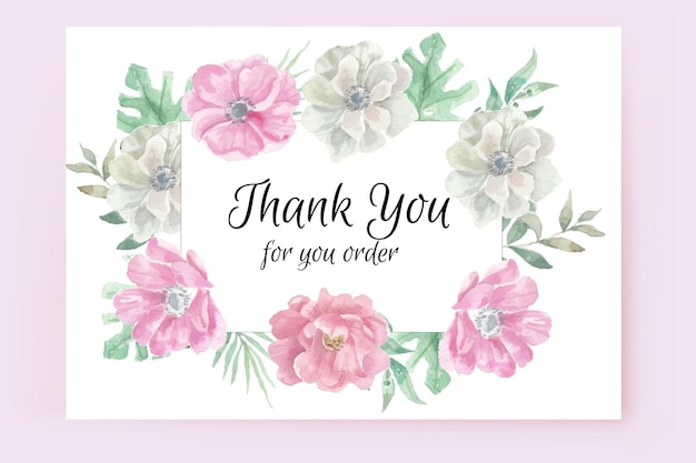 Thank you card with flower pink and blue rose frame background