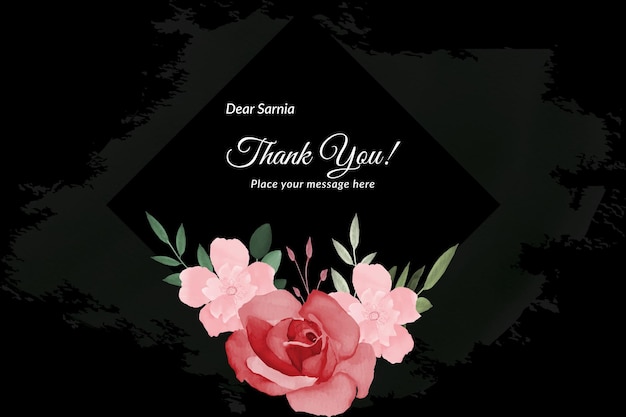 Thank you card with red and pink rose's and green leave with watercolor Free Vector