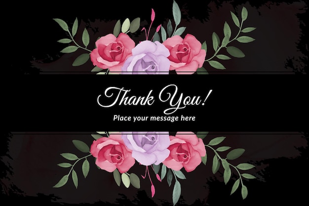 Thank you card with red and pink rose's and green leave with watercolor Free Vector