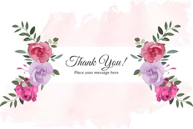 수채화로 빨간색과 보라색 장미와 녹색 잎이 있는 감사 카드 무료 벡터