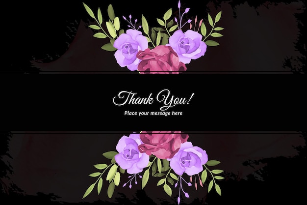 Thank you card with red and purple rose's and green leave with watercolor free vector