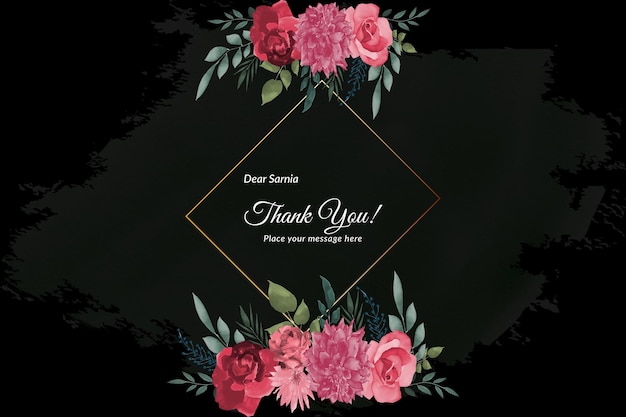 Vector thank you card with red rose's and green leave's with watercolor free vector