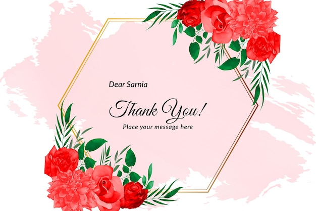 Vector thank you card with red rose's and green leave's with watercolor premium vector