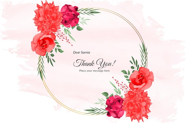 Thank you card with red rose's and green leave with watercolor Free Vector