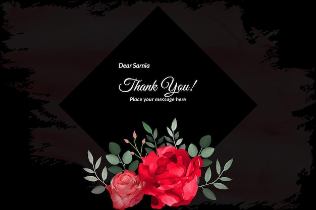 Thank you card with red rose's and green leave with watercolor Free Vector