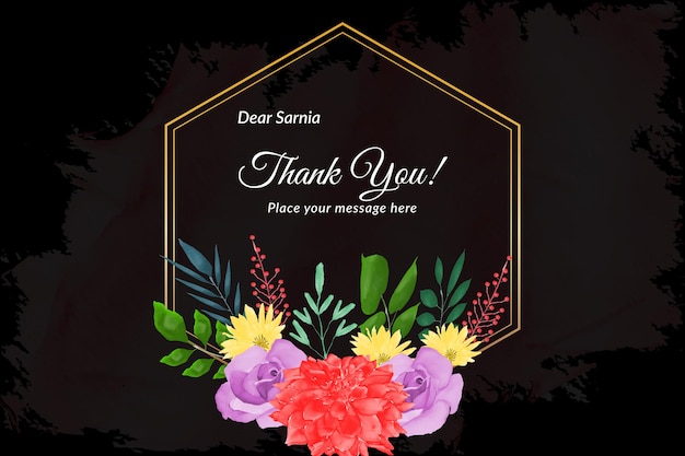 Thank you card with red rose's with watercolor floral frame Free Vector