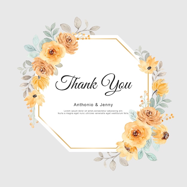 Thank you card with yellow flower frame watercolor